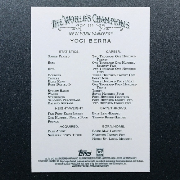 Yogi Berra - 2022 Topps Allen and Ginter #114 - Picture 2 of 2